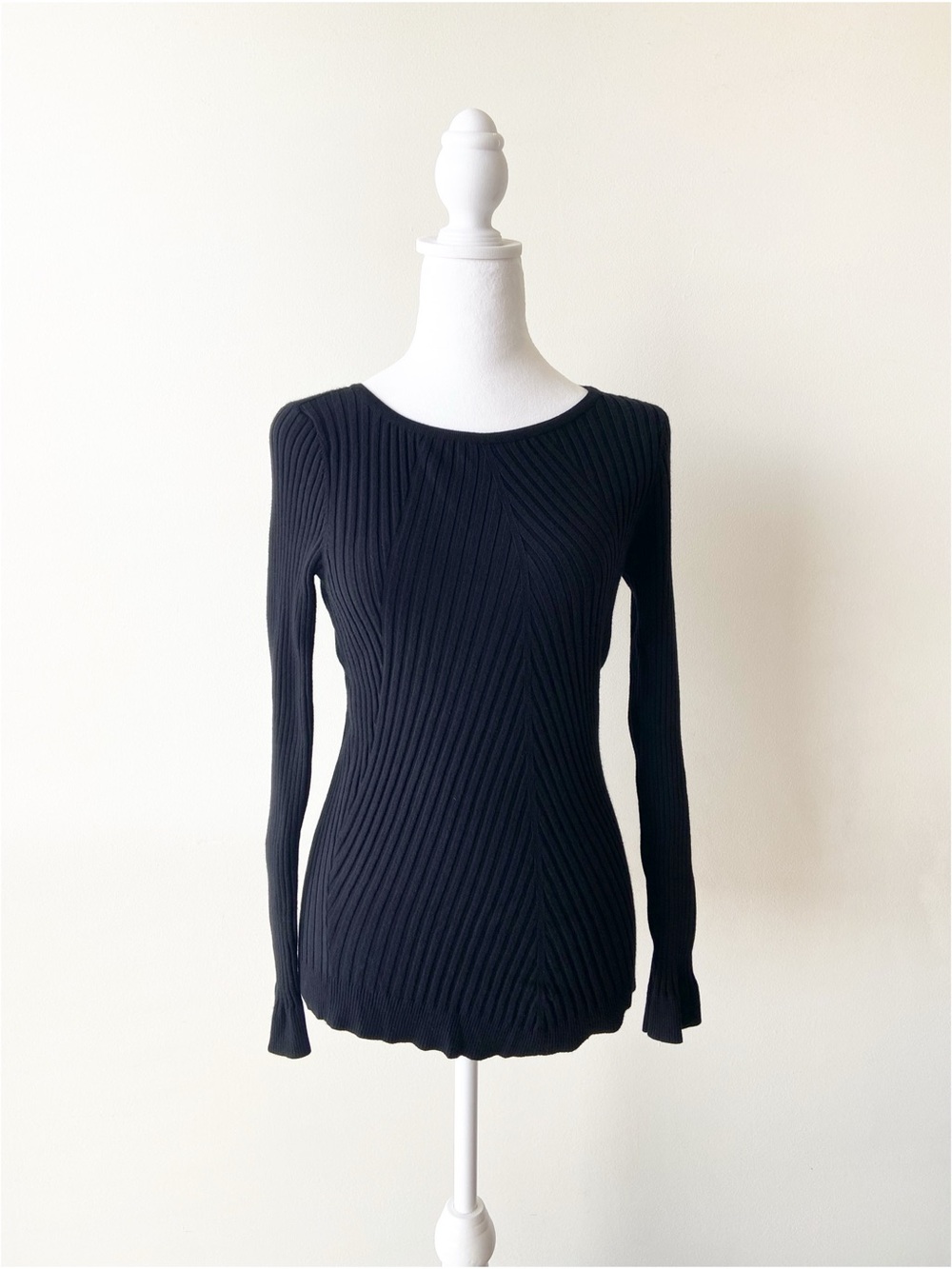 Classic Black Ribbed Long-Sleeve Women's Top